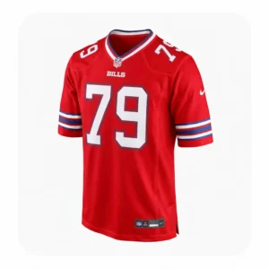 Front view of a red Buffalo Bills Spencer Brown #79 jersey featuring white numbers and the official NFL shield.