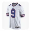 Front view of a white Buffalo Bills jersey with blue number 9 and red and blue sleeve stripes on a white background.
