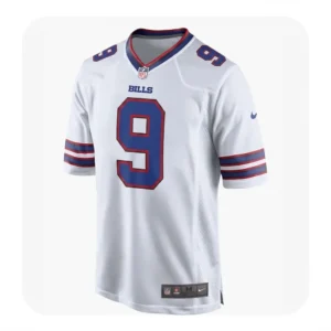 Front view of a white Buffalo Bills jersey with blue number 9 and red and blue sleeve stripes on a white background.
