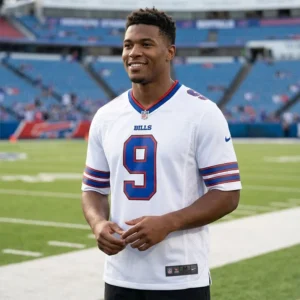 A smiling man wearing a white Buffalo Bills number 9 jersey standing on a football field with stadium seats in the background.