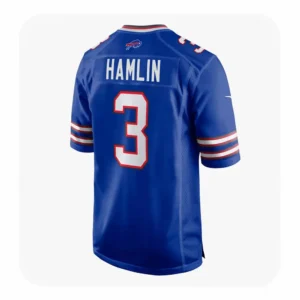 Back view of the Buffalo Bills number 3 jersey showing "HAMLIN" in white block lettering across the nameplate and the Bills buffalo logo on the upper back.