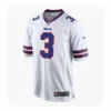Front view of a white Buffalo Bills jersey featuring Damar Hamlin's number 3 with blue and red tackle twill numbering and the NFL shield at the collar.