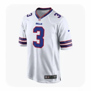 Front view of a white Buffalo Bills jersey featuring Damar Hamlin's number 3 with blue and red tackle twill numbering and the NFL shield at the collar.