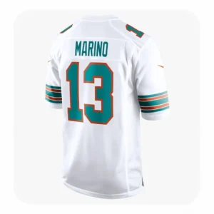 Back view of a white Dan Marino #13 jersey with teal lettering and orange trim on the sleeves.