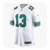 Front view of a white Miami throwback game jersey featuring teal and orange number 13.