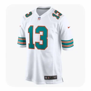 Front view of a white Miami throwback game jersey featuring teal and orange number 13.
