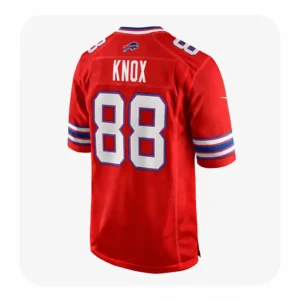 Back view of Dawson Knox Red Buffalo Bills Jersey showing name KNOX and number 88