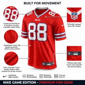 Technical infographic of Dawson Knox Red Jersey showing breathable mesh and official NFL details