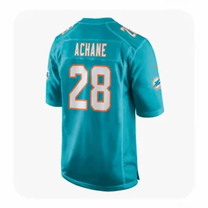 Back view of Miami De'Von Achane #28 Aqua Game Day Jersey featuring ACHANE and number 28 in white and orange.