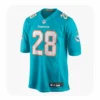Front view of Miami De'Von Achane #28 Aqua Game Day Jersey showing Dolphins wordmark and NFL shield.