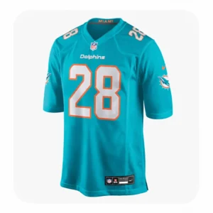 Front view of Miami De'Von Achane #28 Aqua Game Day Jersey showing Dolphins wordmark and NFL shield.