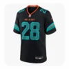 Front view of a black Miami Dolphins Game Day jersey featuring De'Von Achane's number 28 in aqua and orange, with "MIAMI" wordmark on the chest.