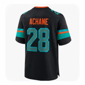 Back view of the De'Von Achane black Dolphins jersey showing the player name "ACHANE" in orange and the number 28 in aqua with orange trim.