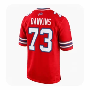 Back view of Dion Dawkins Red Jersey with DAWKINS and number 73 printed, official Buffalo Bills gear.