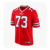 Front view of Dion Dawkins Buffalo Bills Red Color Rush Jersey featuring number 73 and Nike logo.