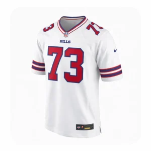 Front view of a white Buffalo Bills jersey featuring the number 73 in red with blue outlines, centered on a clean white background.