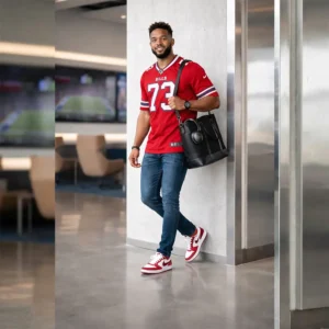 Man wearing the Dion Dawkins Buffalo Bills Red Jersey in a modern lifestyle setting, styled with jeans and sneakers.