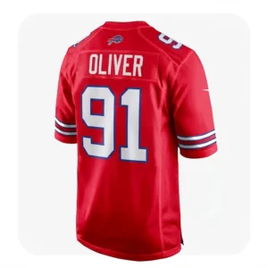 Back view of a red Ed Oliver Buffalo Bills jersey showing the player name "OLIVER" and number 91.
