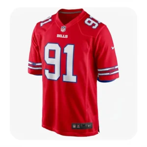 Front view of a red Ed Oliver Buffalo Bills NFL jersey featuring number 91 and heat-pressed graphics.