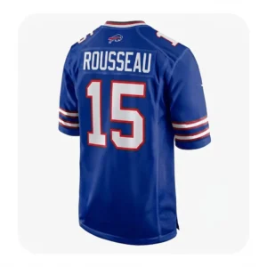 Back view of a blue Buffalo Bills jersey featuring the name Rousseau and number 15 in white with a red border.