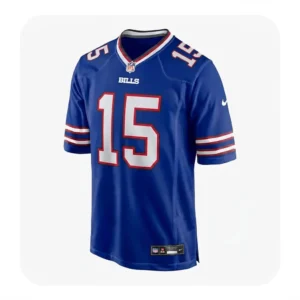 Front view of a blue Greg Rousseau number 15 Buffalo Bills jersey with white and red accents on a clean white background.