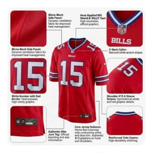 Detailed infographic of the Greg Rousseau Red Jersey highlighting the micro-mesh side panels, heat-applied graphics, and reinforced seams.