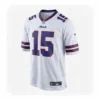 Front view of a white Buffalo Bills jersey featuring number 15 in blue and red.