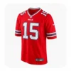 Front view of the Greg Rousseau Red Buffalo Bills Jersey featuring the number 15 and white accent stripes on the sleeves.