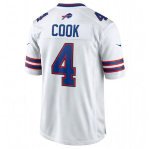 Back of James Cook #4 white Buffalo Bills jersey showing stitched name COOK and number 4.