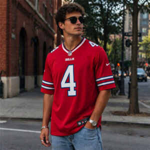 A young man wearing the James Cook number 4 red Buffalo Bills jersey in an urban street setting, showing the athletic fit.