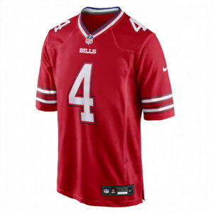 Front view of the James Cook #4 Red Color Rush jersey for the Buffalo Bills featuring white numbers and blue trim.