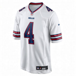 James Cook #4 Buffalo Bills official white road jersey front view, high-quality NFL gear.