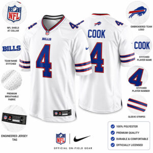 Infographic of James Cook white jersey highlighting stitched numbers, breathable fabric, and NFL shield.