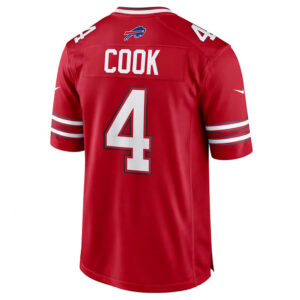 Back view of James Cook red Buffalo Bills jersey showing the stitched name "COOK" and number 4 with the team logo above.