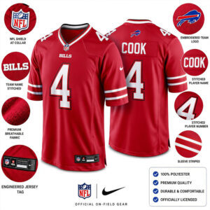 Infographic of James Cook Buffalo Bills red jersey showing stitched player name, NFL shield at collar, and premium breathable fabric details.