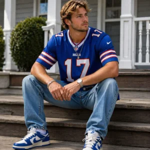 Male model wearing Josh Allen Buffalo Bills Royal Blue Jersey for game day style