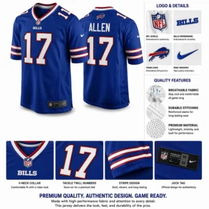 Josh Allen Bills Jersey features: Breathable fabric, tackle twill numbers, and Nike jock tag