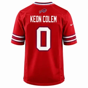 Back of the Keon Coleman Buffalo Bills red jersey, showing alternate name KEON COLEMAN and number 0 with red and blue detailing.