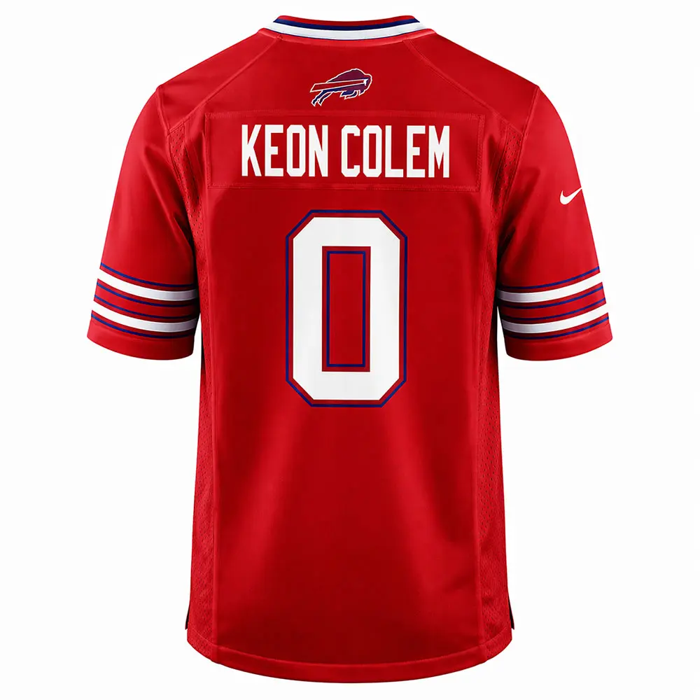 Keon Coleman Buffalo Bills Red Jersey Back View #0 Back of the Keon Coleman Buffalo Bills red jersey, showing alternate name KEON COLEMAN and number 0 with red and blue detailing.