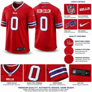Infographic highlighting quality features of the red Bills jersey: official team logos, tackle twill numbers, and breathable fabric.