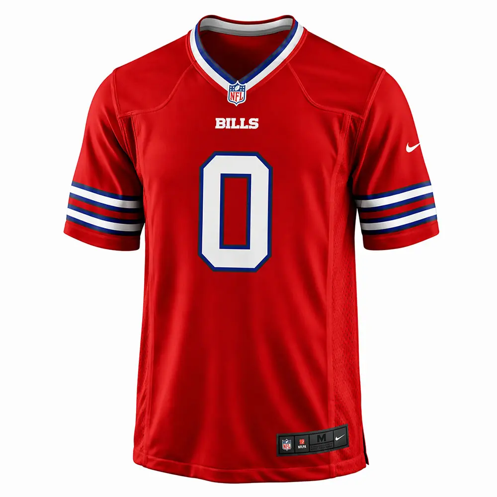 Keon Coleman Buffalo Bills Red Jersey Front View #0 Keon Coleman Buffalo Bills official Nike red game jersey, alternate colorway featuring number 0 on the front.