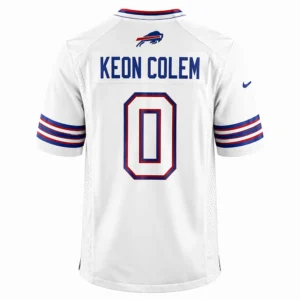 Back of the Keon Coleman White Bills jersey showing name KEON COLEMAN and number 0 with blue and red accents.
