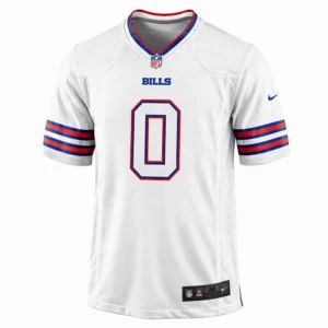 Front of the Keon Coleman White Buffalo Bills Nike jersey featuring number 0 and official team logos.