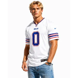 keon coleman white bills jersey model fit
