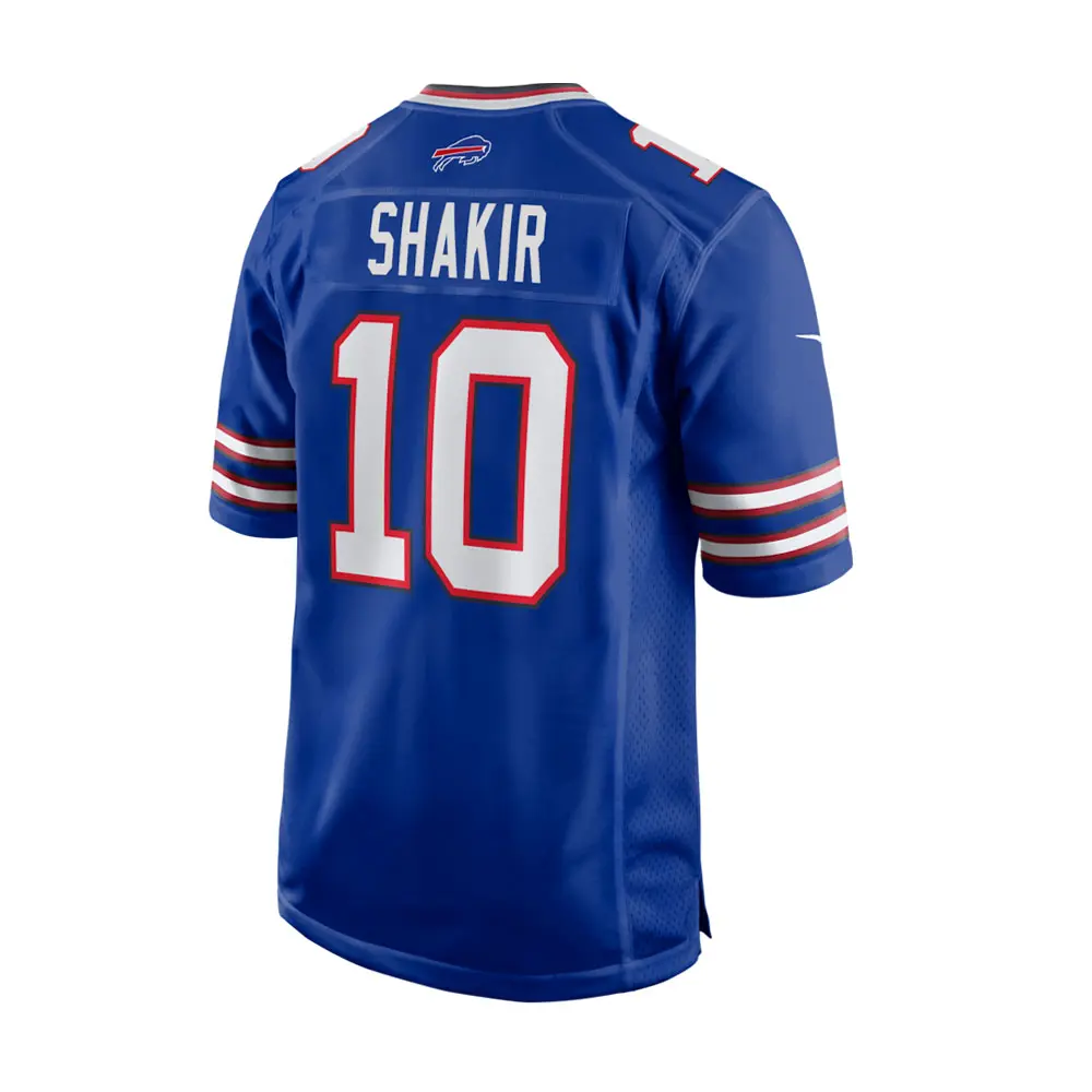 khalil-shakir-10-nameplate-buffalo-bills-royal-blue-jersey-back Back view Khalil Shakir Buffalo Bills #10 royal blue jersey showing name and number detail