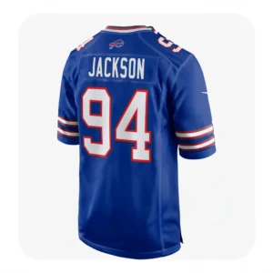 Back view of the Landon Jackson #94 Buffalo Bills jersey showing the name "JACKSON" and the team's charging buffalo logo above the number.