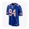 Front view of the Landon Jackson #94 Buffalo Bills Royal Blue Nike Game jersey featuring heat-sealed numbers and the NFL shield.