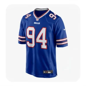Front view of the Landon Jackson #94 Buffalo Bills Royal Blue Nike Game jersey featuring heat-sealed numbers and the NFL shield.