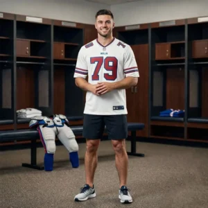 A smiling man wearing a Buffalo Bills number 79 jersey standing in a professional sports locker room.