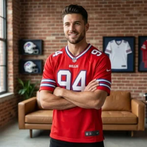 man wearing buffalo bills jackson 94 red jersey